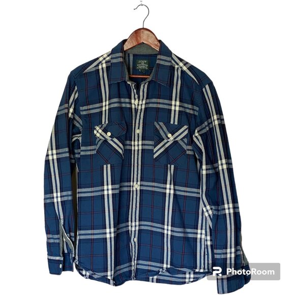 J Crew Men's L Button Up Blue Plaid Striped Shirt Long Sleeve Heavyweight - Picture 6 of 9